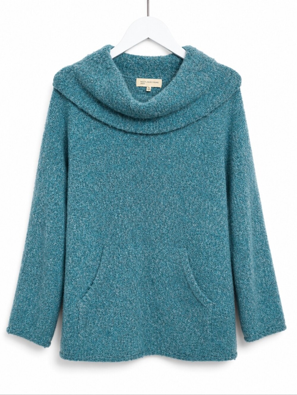 ​Jones New York Teal Boucle Knit Cowl Neck Tunic Sweater Kangaroo Pocket